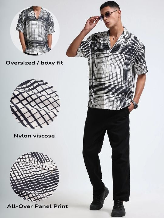 Men Black & White Oversized Panel Print Shirt