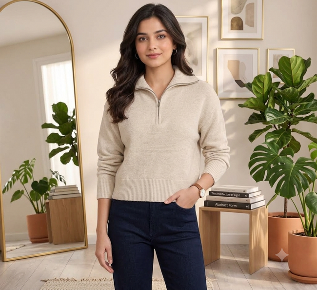 Women Beige Quarter Zip Knit Sweater