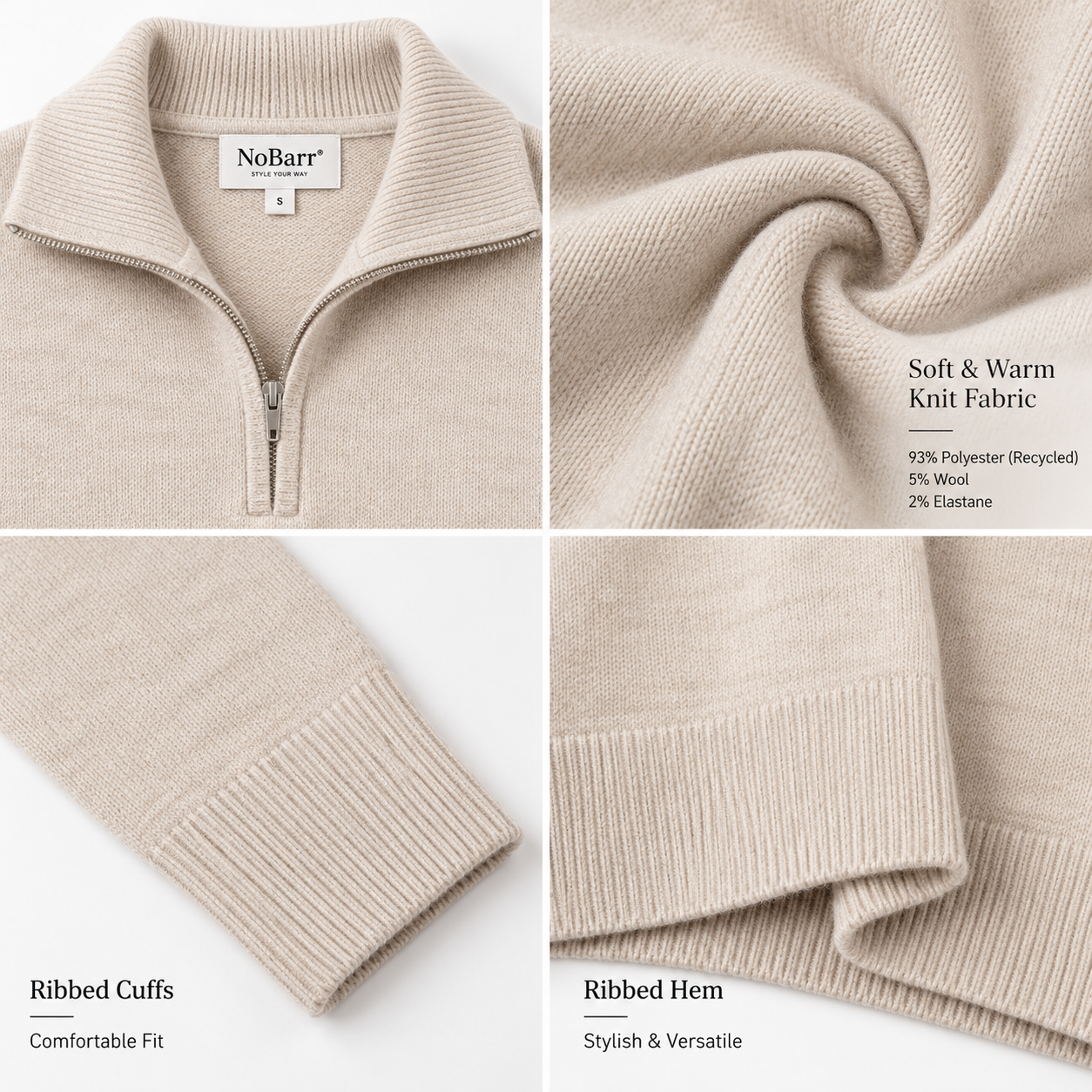Women Beige Quarter Zip Knit Sweater