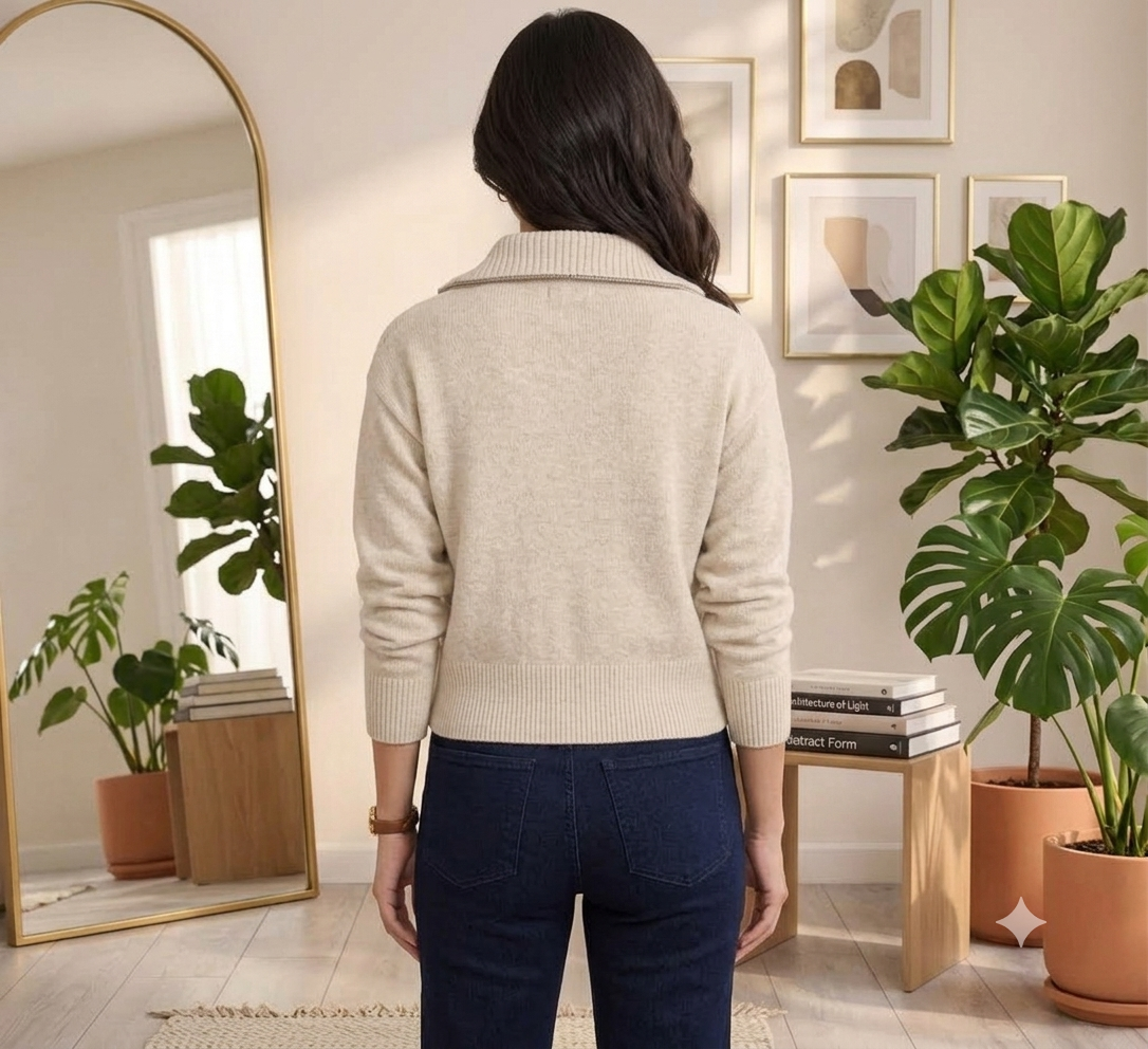 Women Beige Quarter Zip Knit Sweater