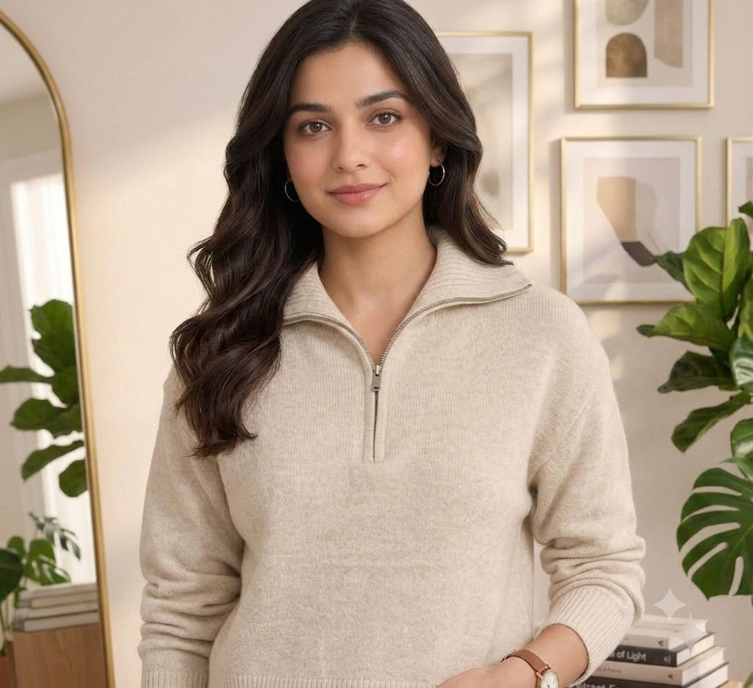Women Beige Quarter Zip Knit Sweater