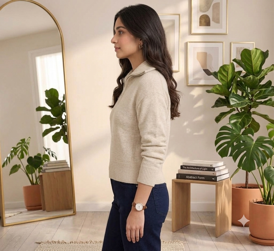 Women Beige Quarter Zip Knit Sweater