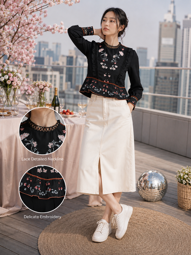 Women Black Lace & Embroidered Party Top