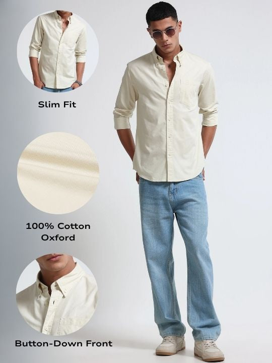 Men Cream Cotton Oxford Solid Shirt