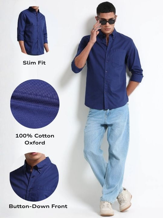 Men Blue Cotton Oxford Solid Shirt
