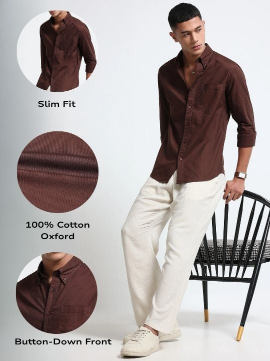 Men Brown Cotton Oxford Solid Shirt Brown