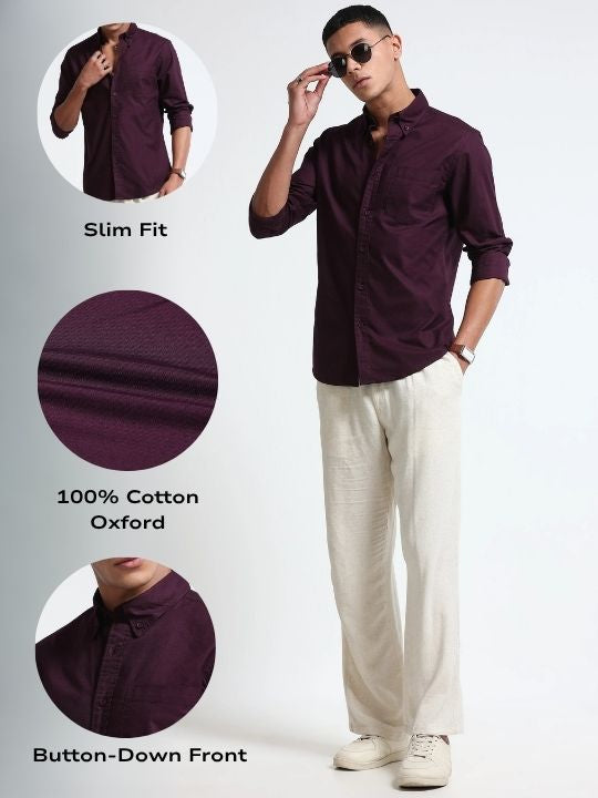 Men Burgundy Cotton Oxford Solid Shirt