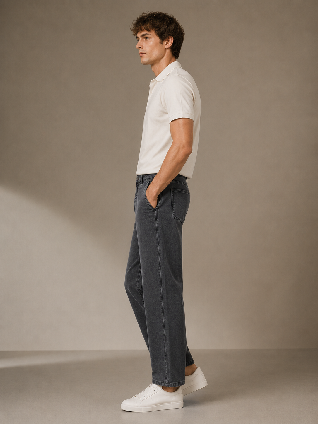 Men Grey Drawstring Denim Jeans