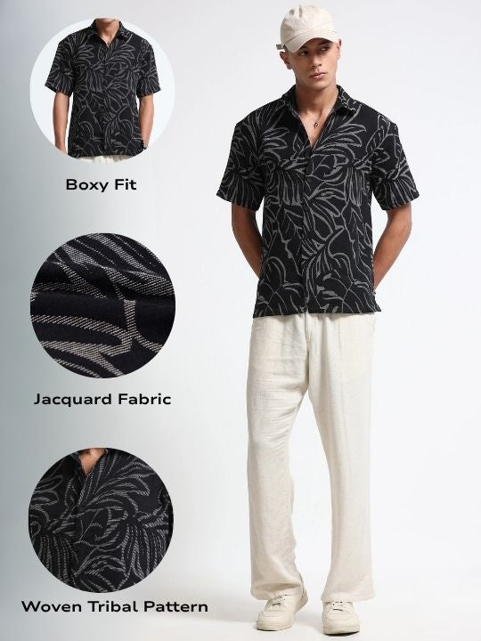 Men Black White Jacquard Boxy Fit Shirt
