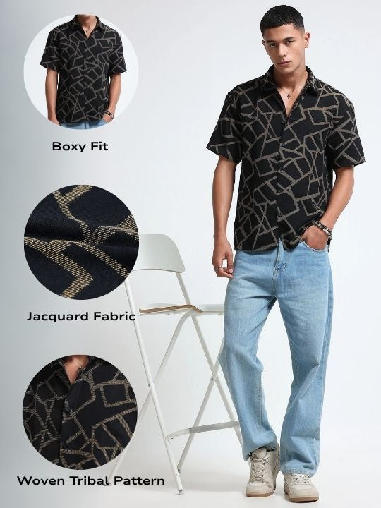Men Yellow Jacquard Boxy Fit Shirt