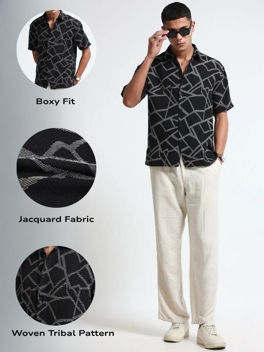 Men Off White Black Jacquard Boxy Fit Shirt