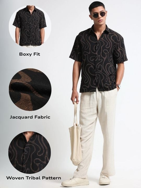 Men Beige Black Jacquard Boxy Fit Shirt
