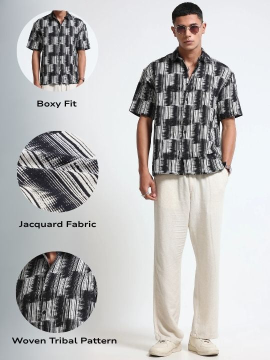 Men White Black Jacquard Boxy Fit Shirt