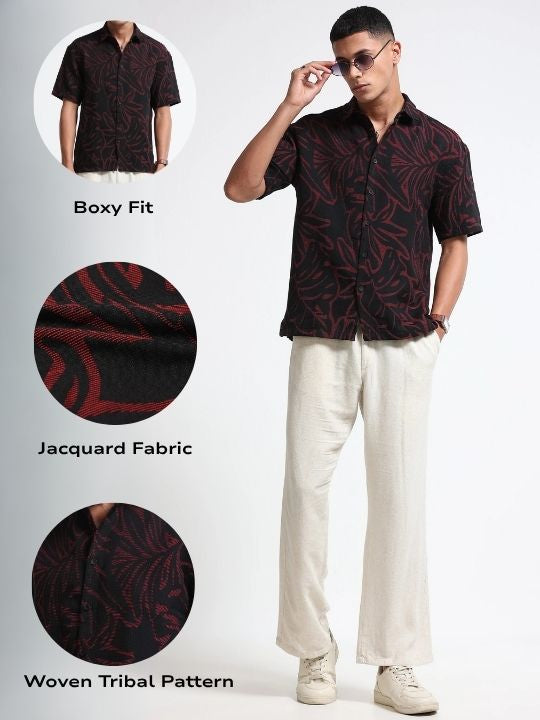 Men Red Black Jacquard Boxy Fit Shirt