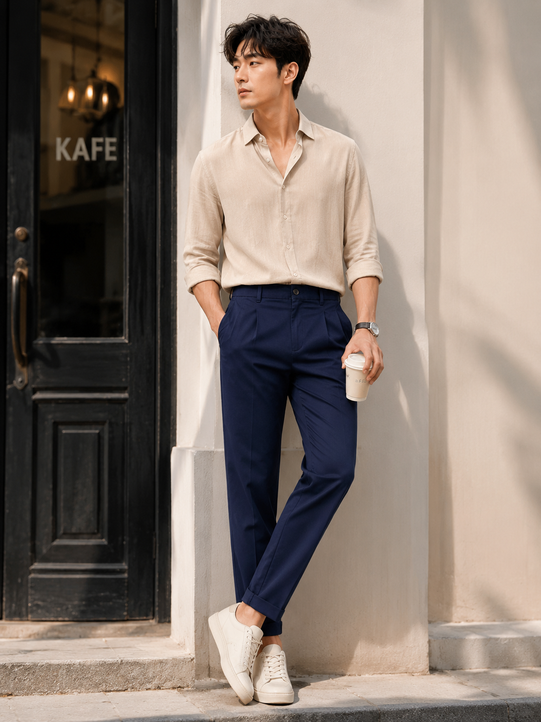 Men Navy Pleated Tailored Trousers