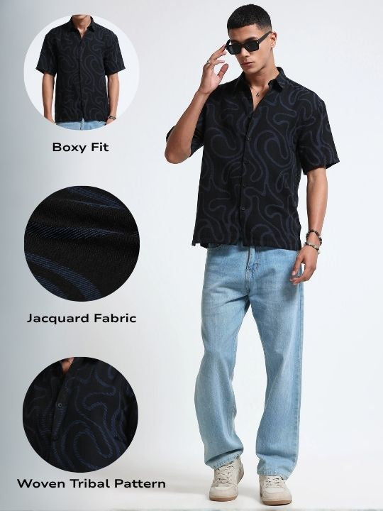 Men Black Blue Jacquard Boxy Fit Shirt