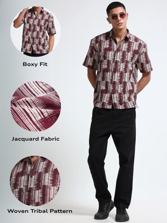 Men Maroon Jacquard Boxy Fit Shirt