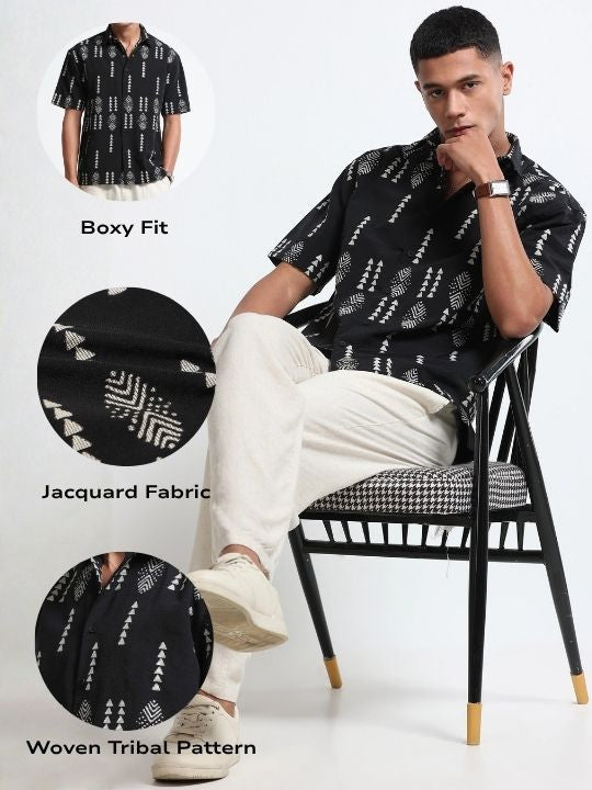 Men Black Jacquard Boxy Fit Shirt