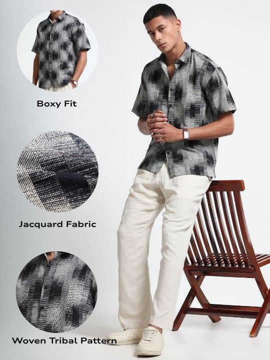 Men White & Black Jacquard Boxy Fit Shirt