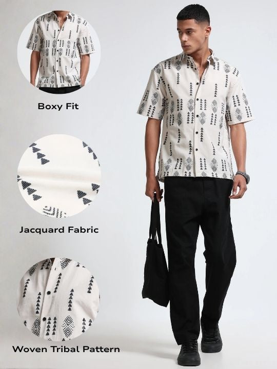Men Cream Black Jacquard Shirt