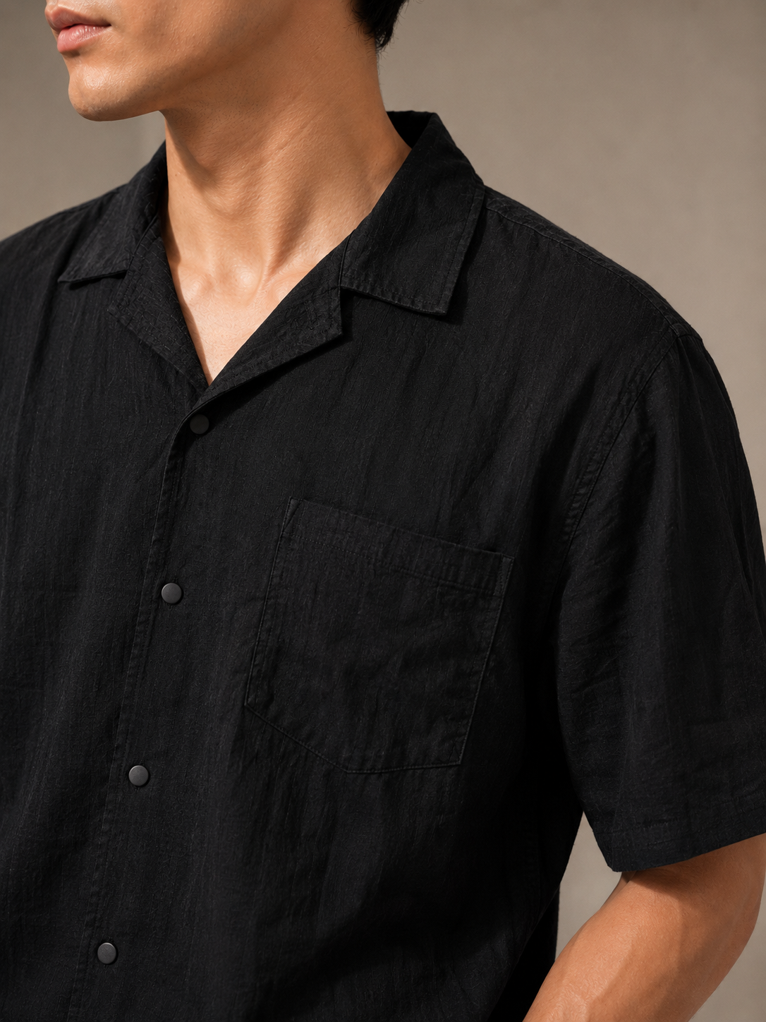 Men Black Textured Camp Collar Shirt