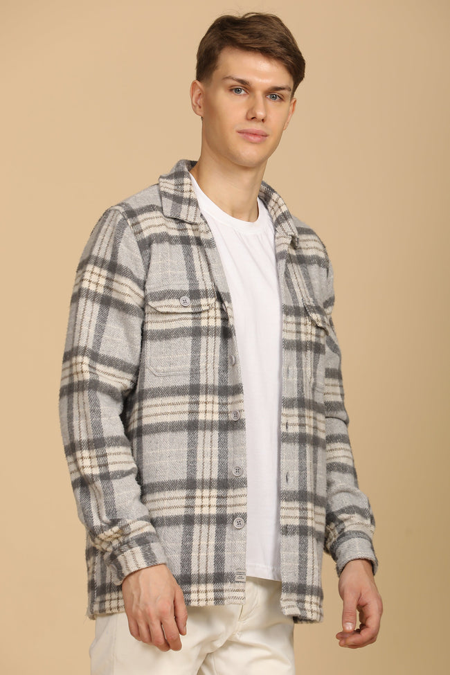 Men Darren Brushed Check Overshirt Grey