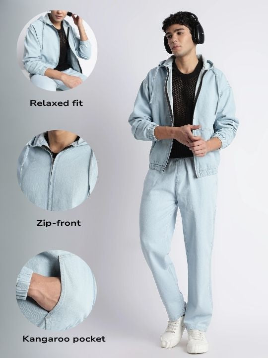Men Ice Blue Denim Zip-Up Hoodie Jacket
