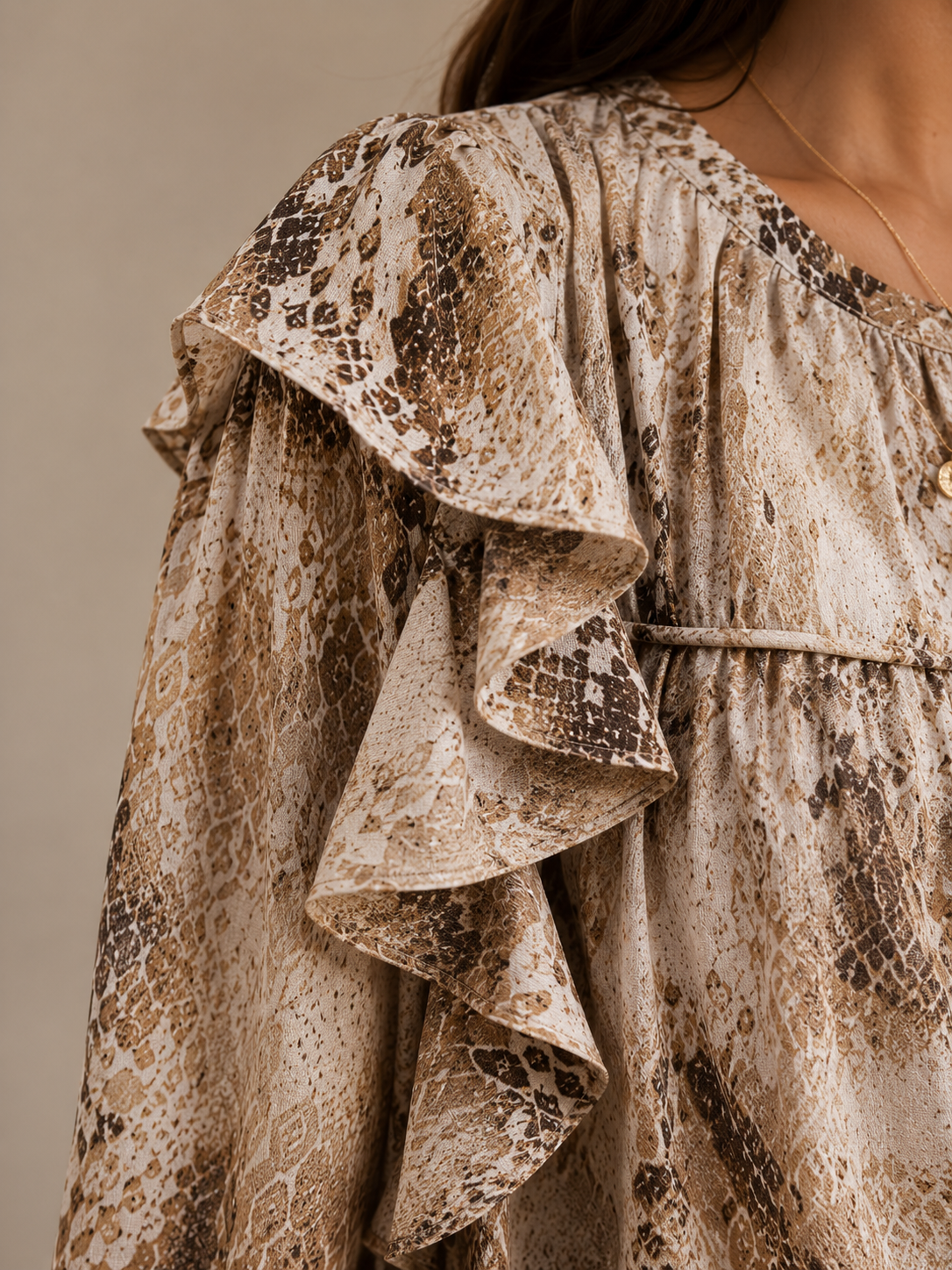Women Brown Printed Frill Top