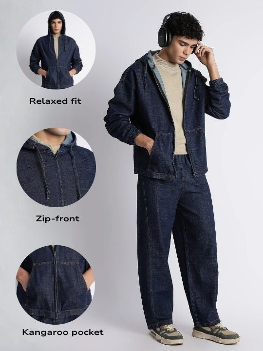 Men Indigo Denim Zip-Up Hoodie Jacket