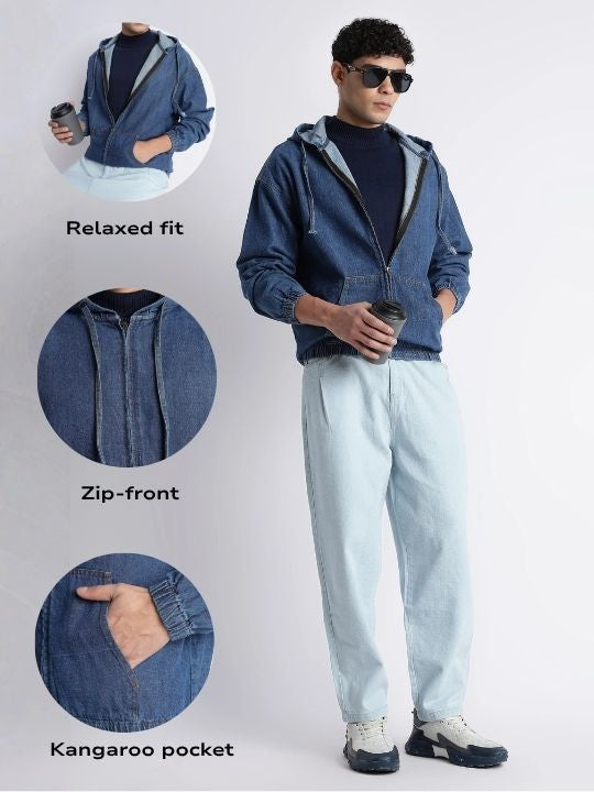 Men Mid Blue Denim Zip-Up Hoodie Jacket