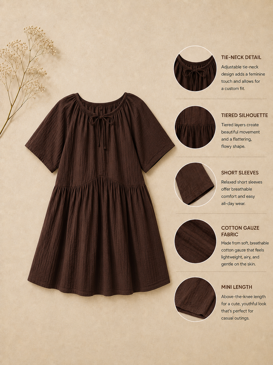 Women Brown Tie-Neck Relaxed Dress