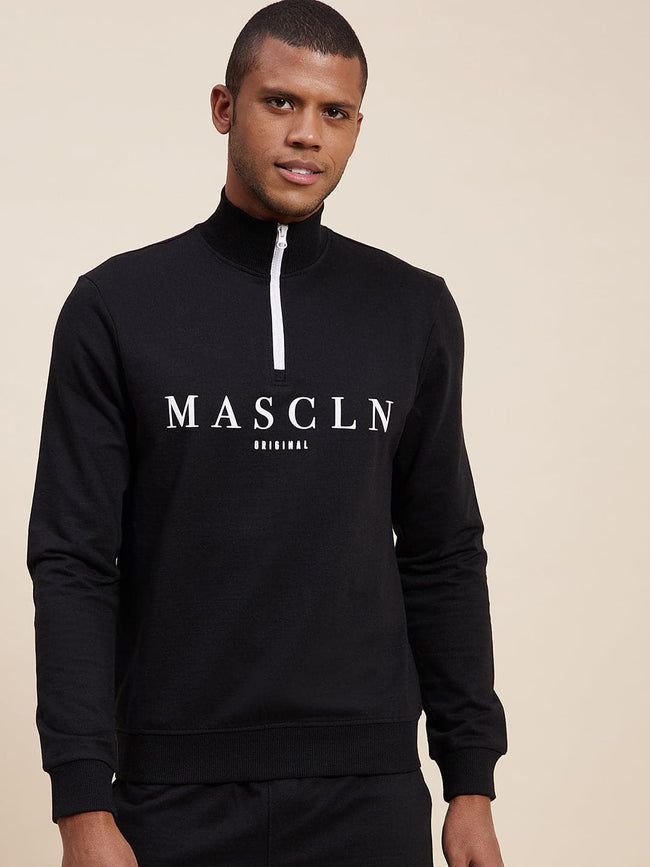 Men Black High Neck Half Zipper Mascln Sweatshirt