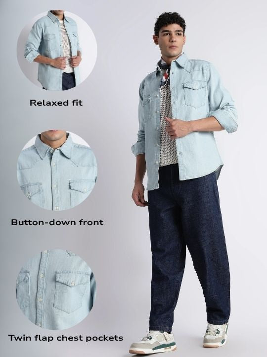 Men Ice Blue Western Denim Shirt