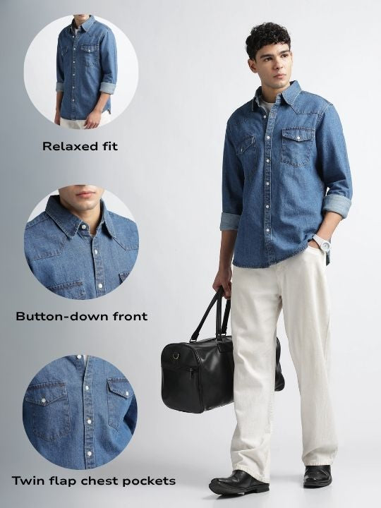 Men Mid Blue Western Denim Shirt