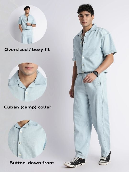 Men Ice Blue Denim Cuban Collar Shirt