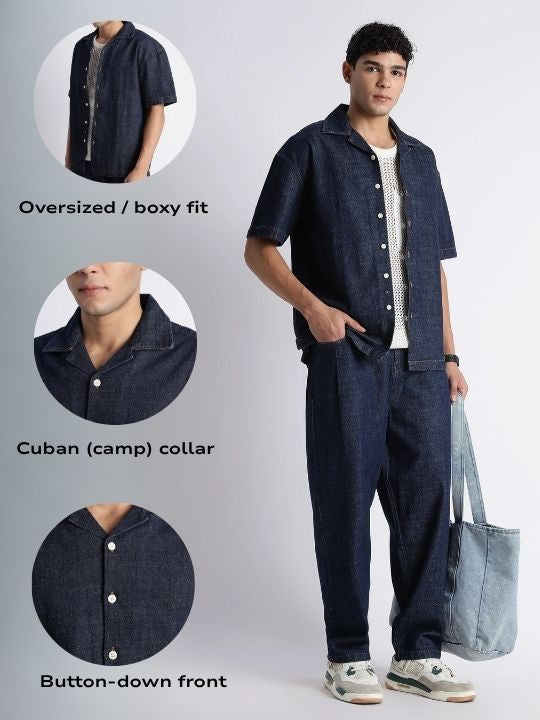 Men Indigo Denim Cuban Collar Shirt