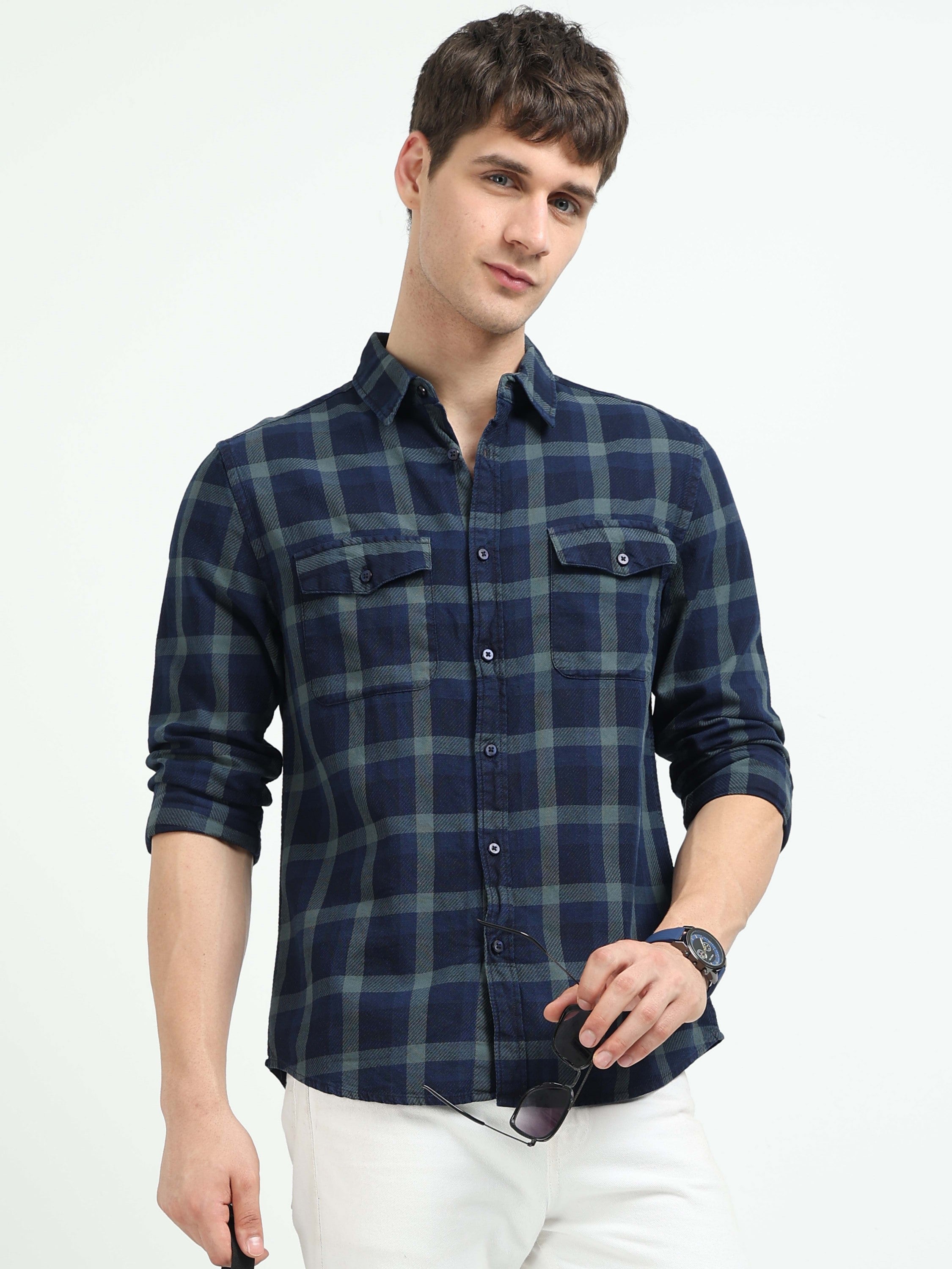 Men Navy Plaid Regular Fit Shirt