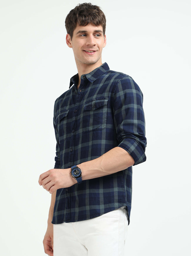 Men Navy Plaid Regular Fit Shirt