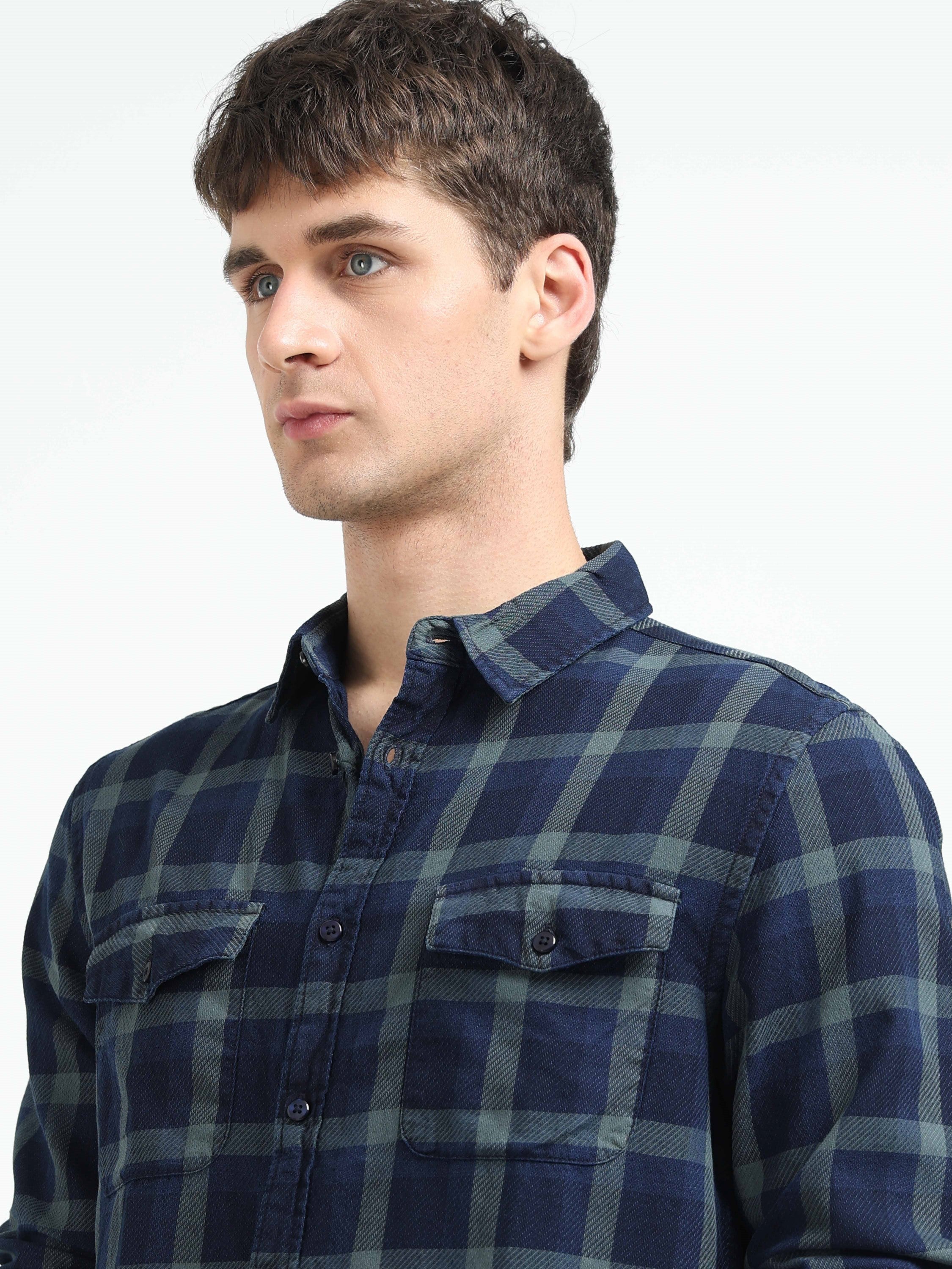 Men Navy Plaid Regular Fit Shirt