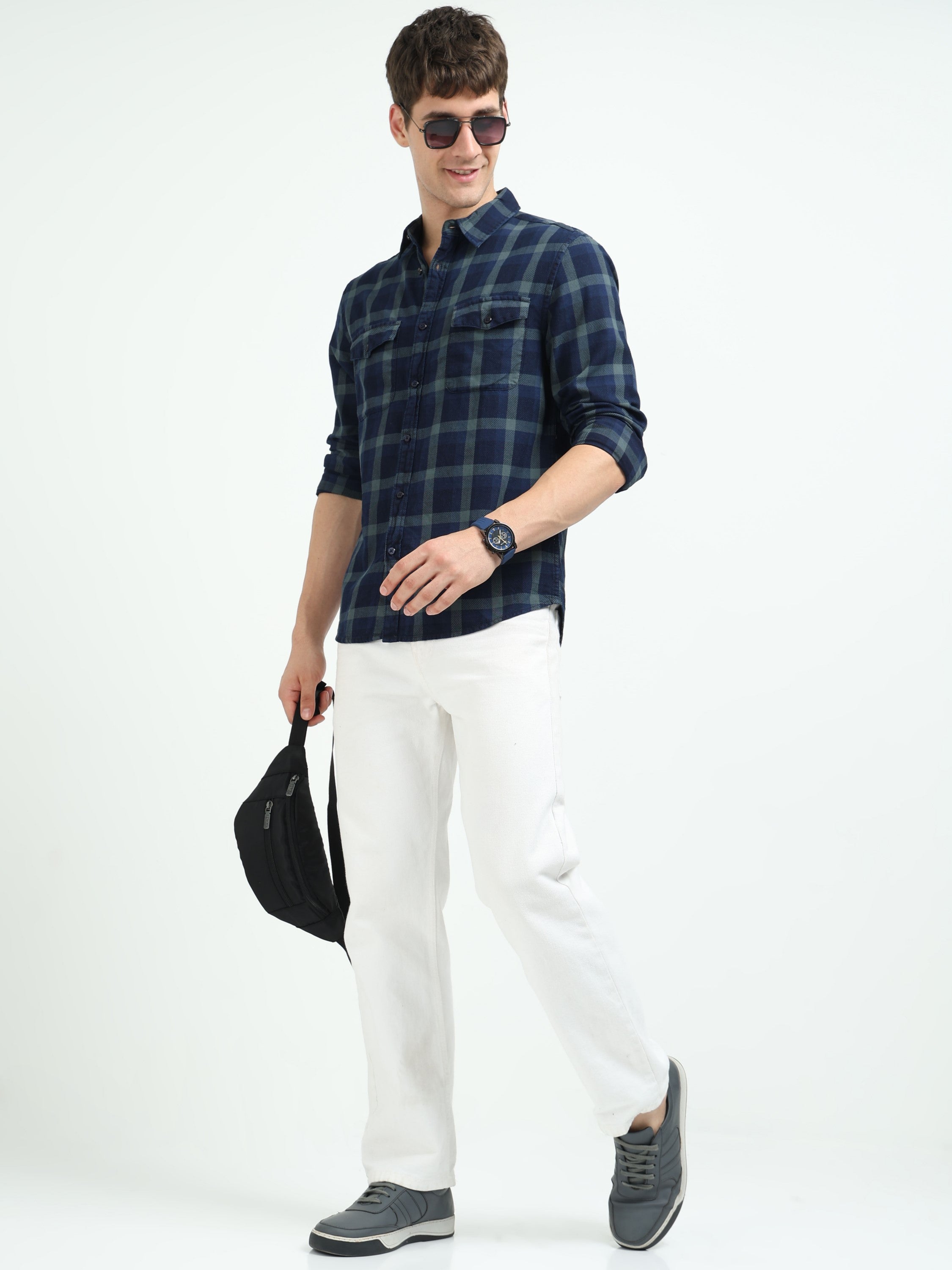 Men Navy Plaid Regular Fit Shirt