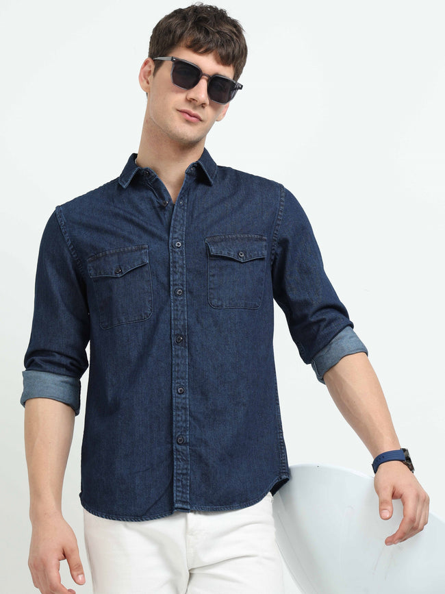 Men Blue Denim Cotton Western Shirt