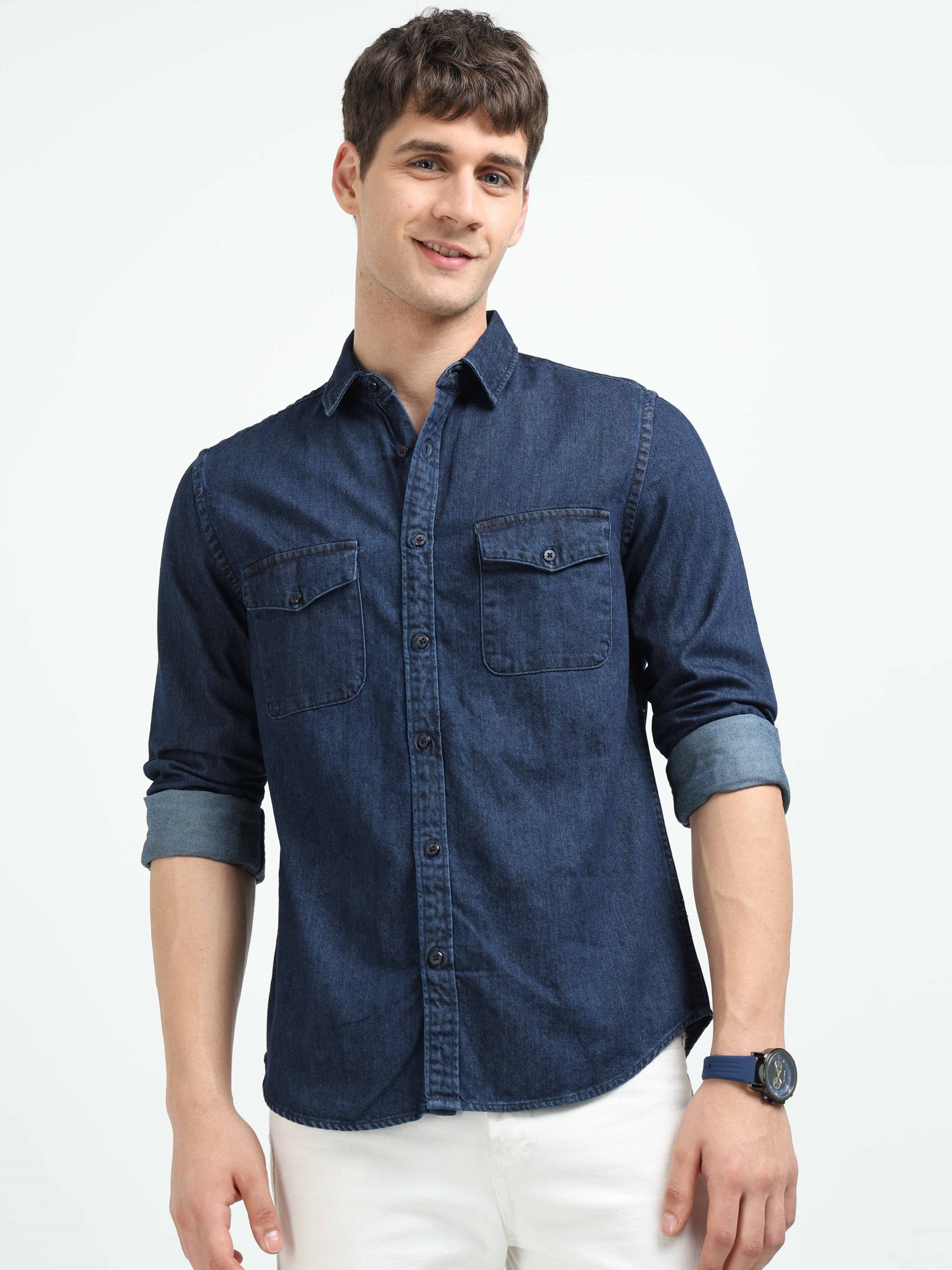 Men Blue Denim Cotton Western Shirt