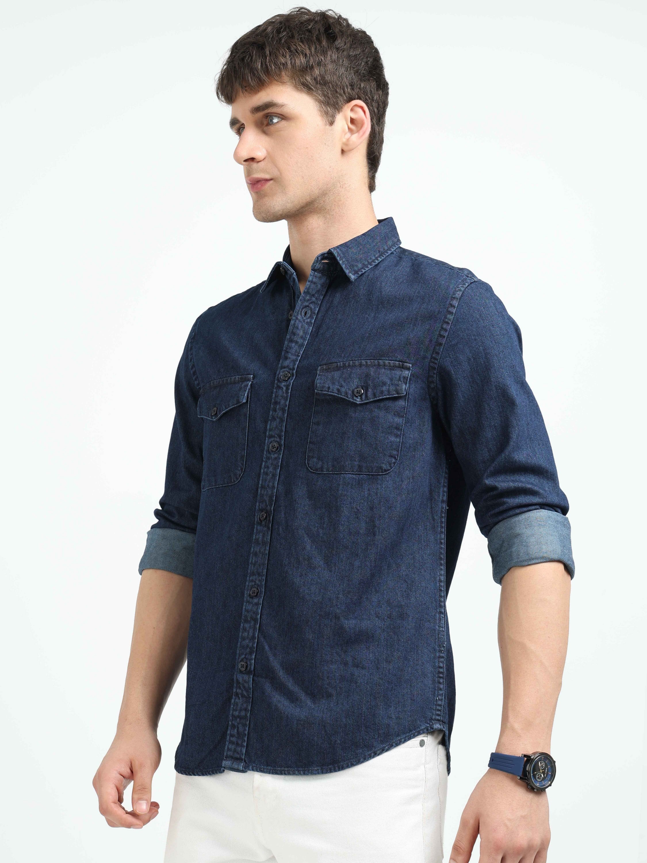 Men Blue Denim Cotton Western Shirt