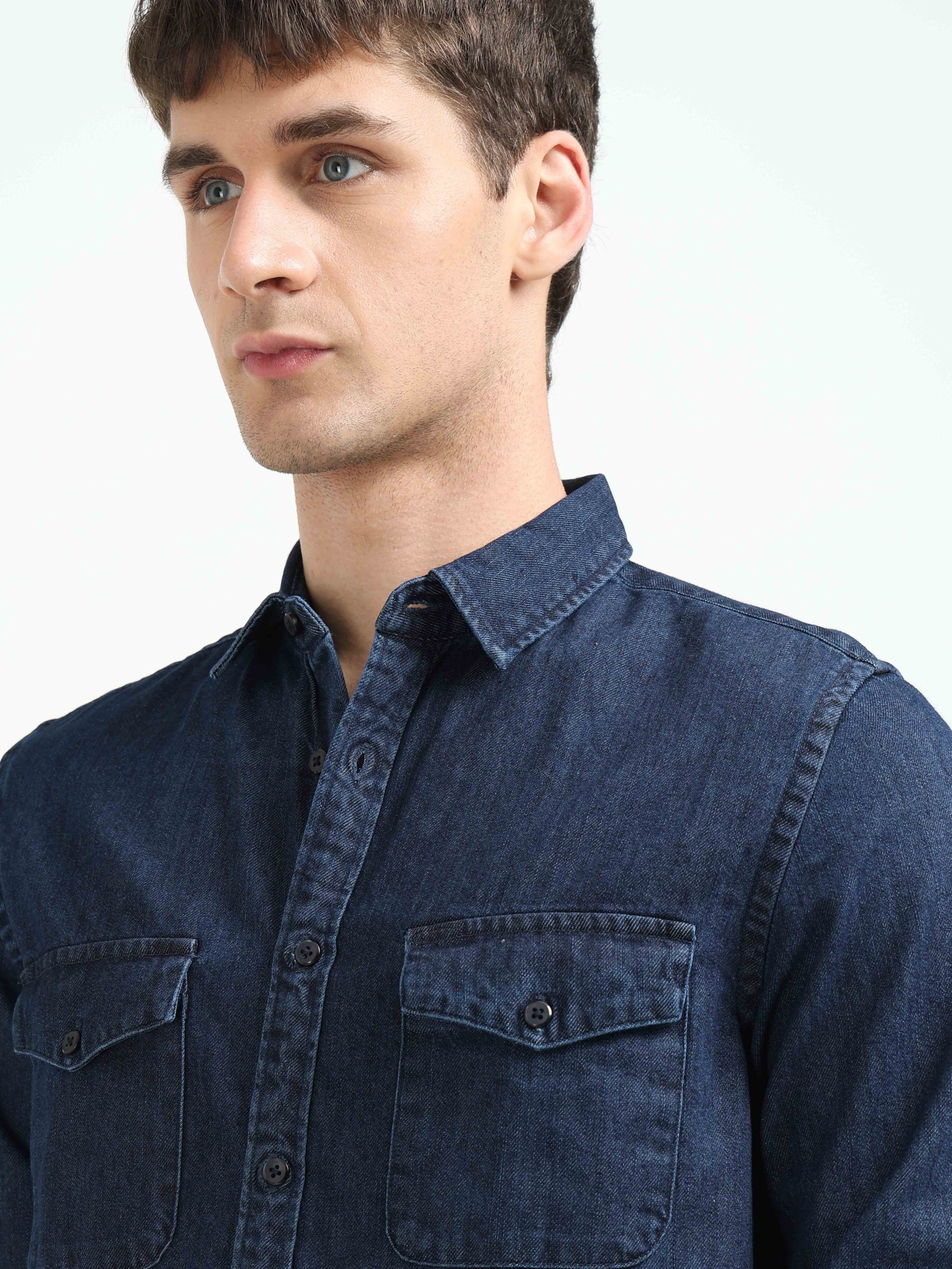 Men Blue Denim Cotton Western Shirt