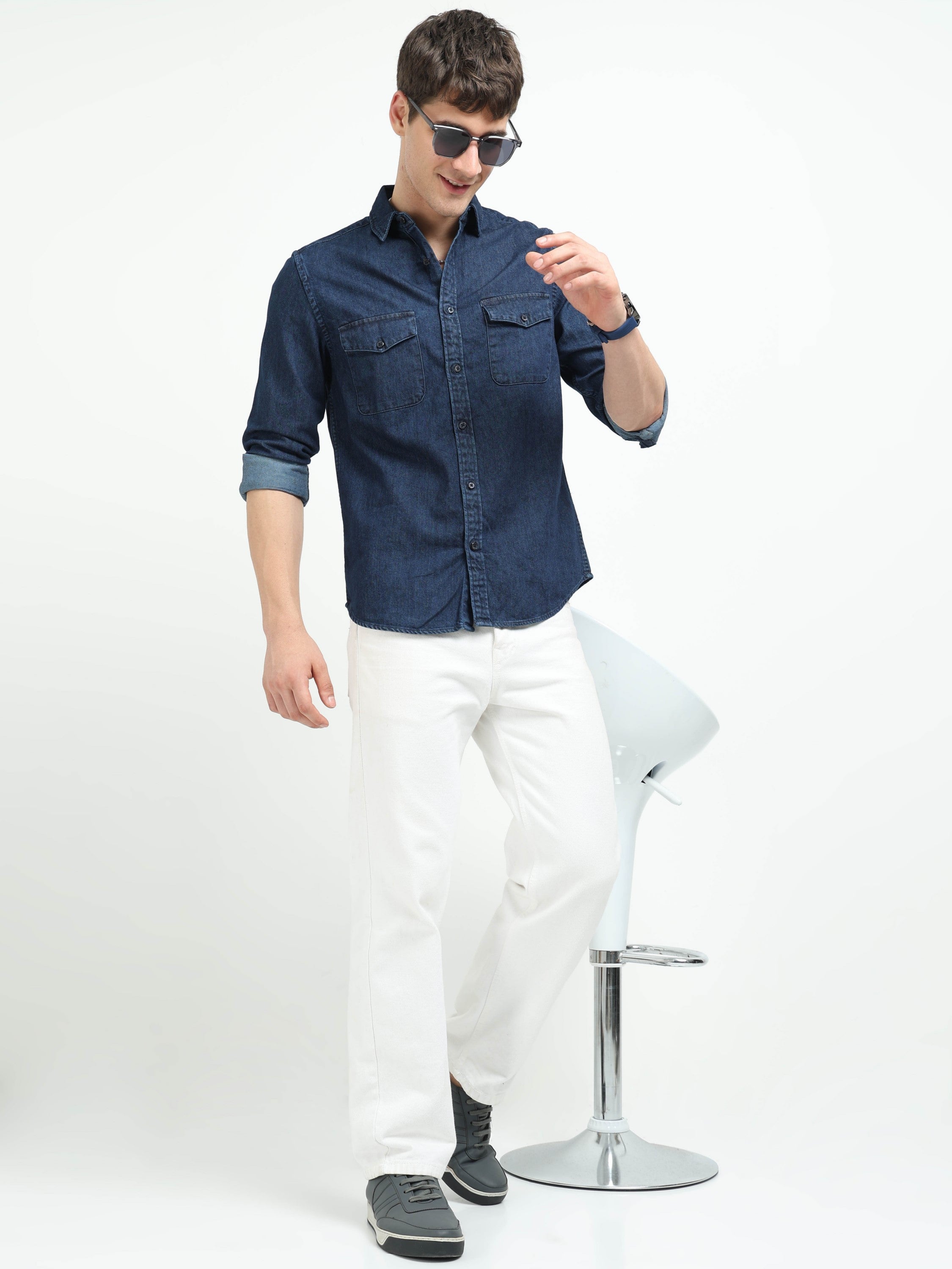 Men Blue Denim Cotton Western Shirt