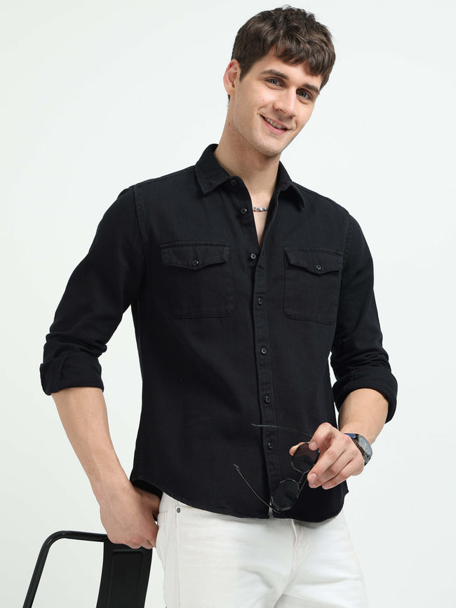 Men Black Denim Cotton Western Shirt