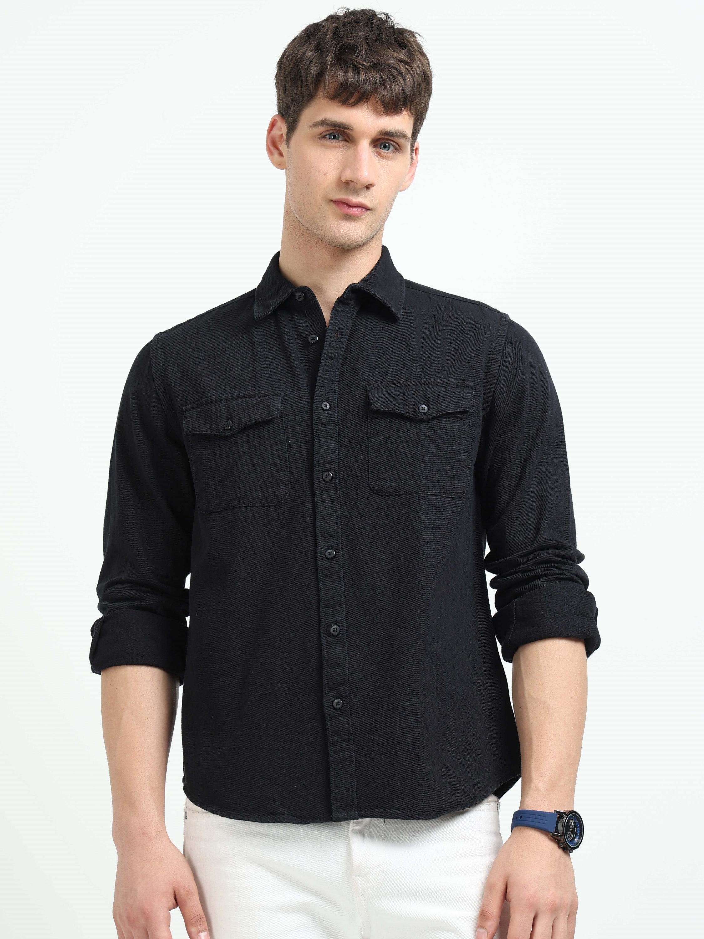 Men Black Denim Cotton Western Shirt
