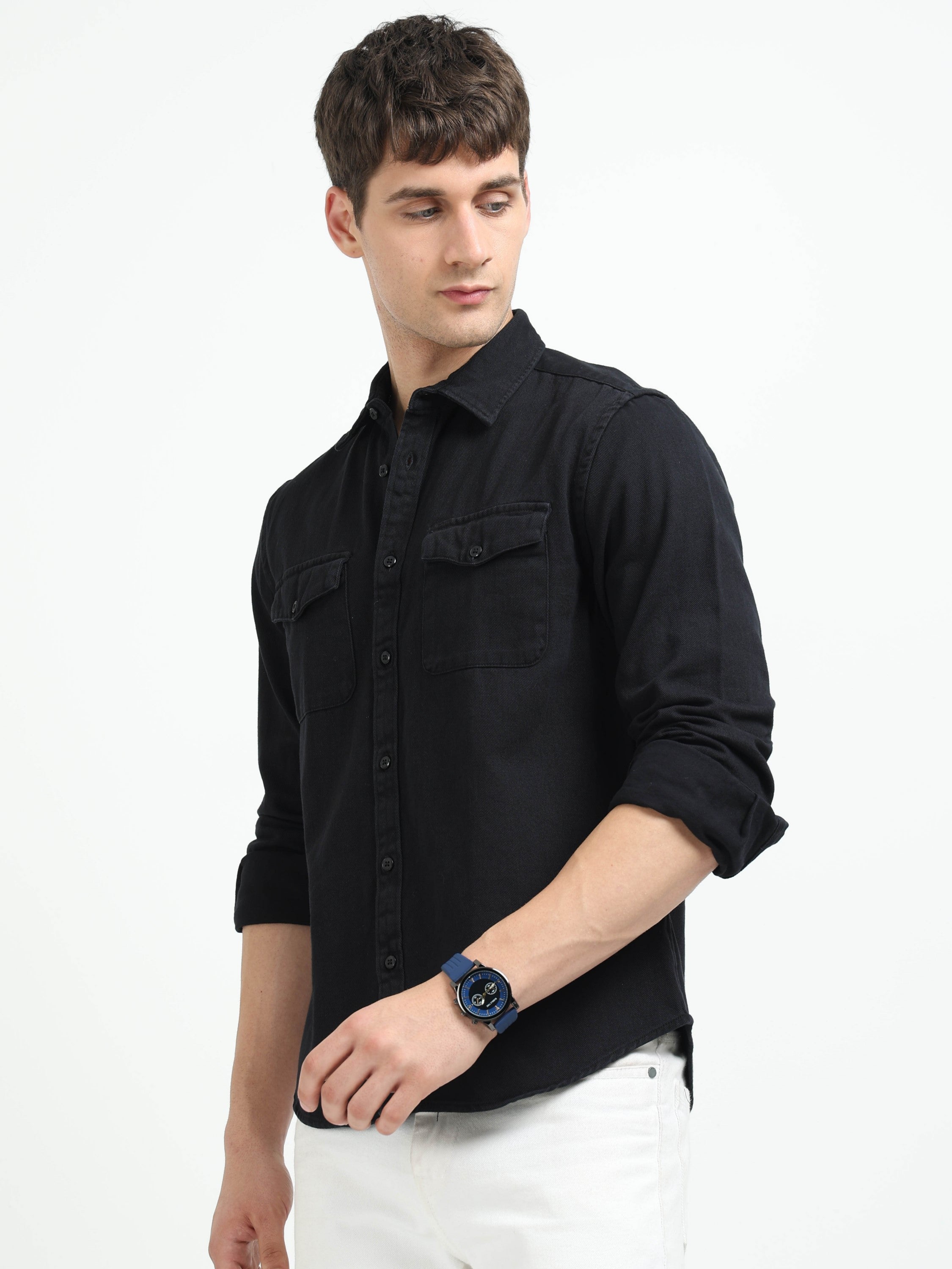 Men Black Denim Cotton Western Shirt