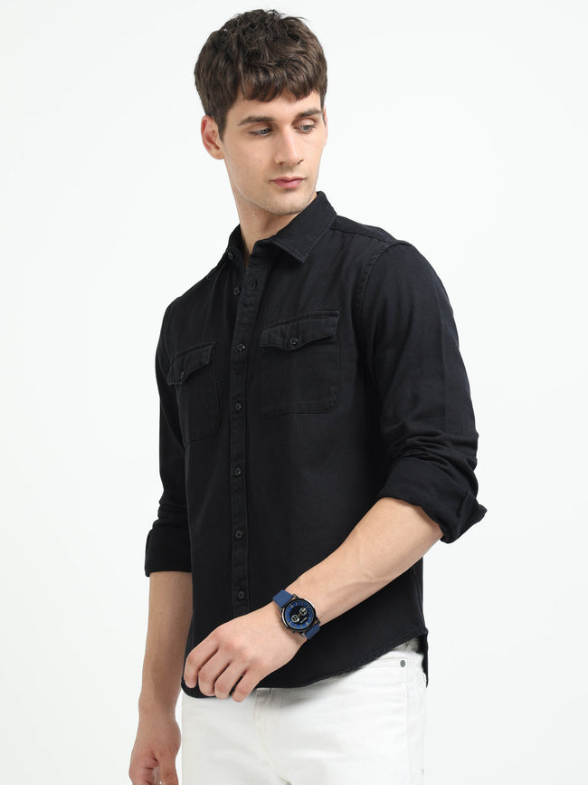 Men Black Denim Cotton Western Shirt