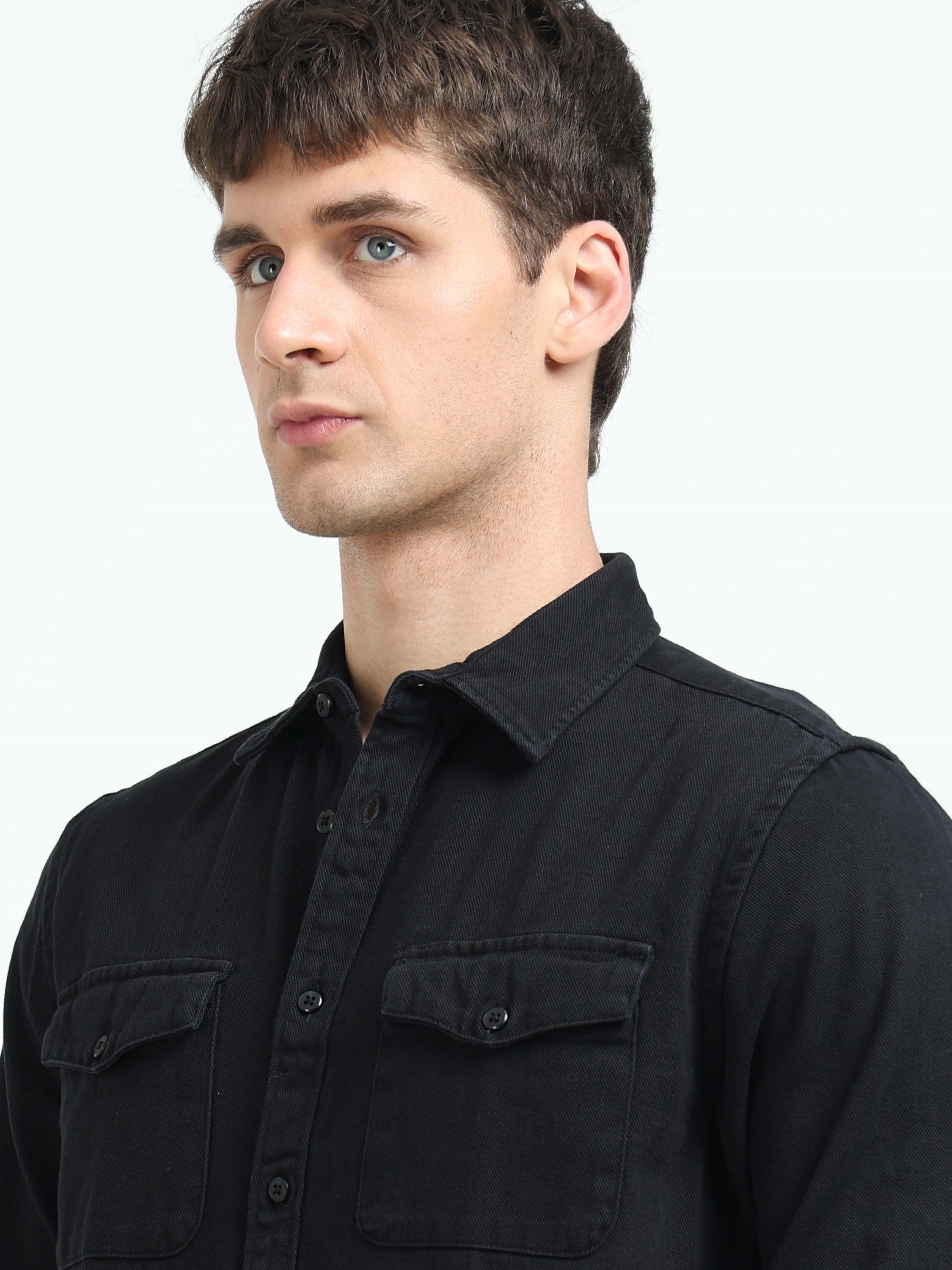 Men Black Denim Cotton Western Shirt